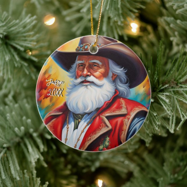  Santa Claus in a Cowboy Hat Christmas Ceramic Ornament (Tree)