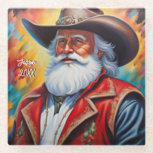  Santa Claus in a Cowboy Hat Christmas Glass Coaster