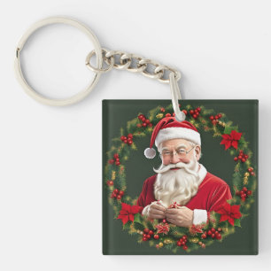 Santa Claus in a Festive Wreath Keychain