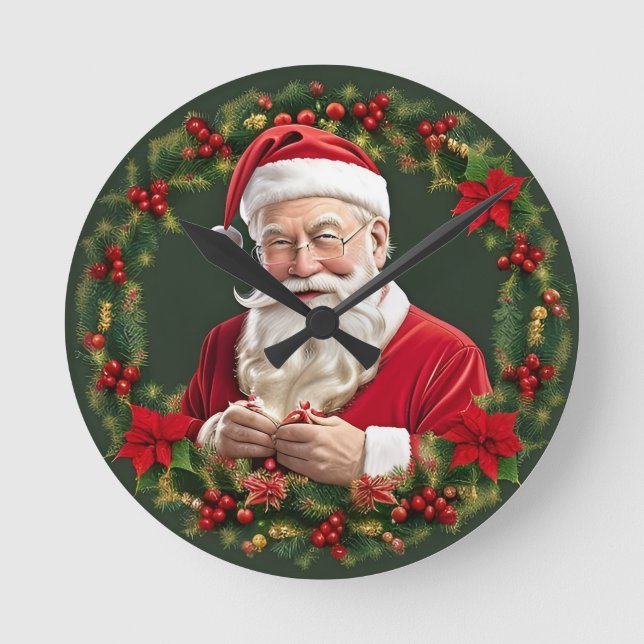 Santa Claus in a Festive Wreath Round Clock (Front)