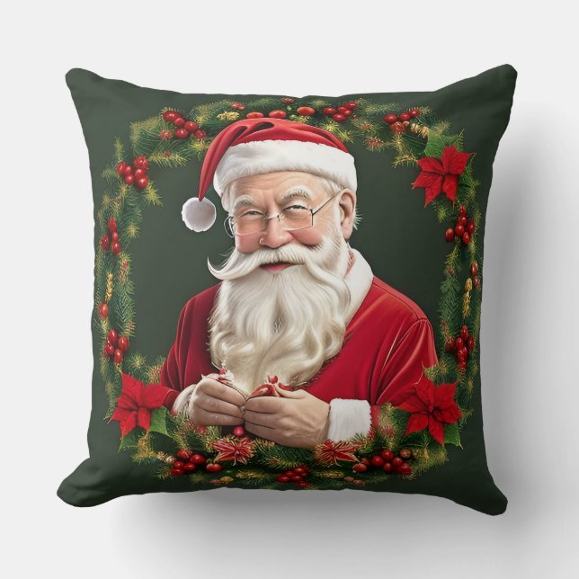 Santa Claus in a Festive Wreath Throw Pillow (Front)