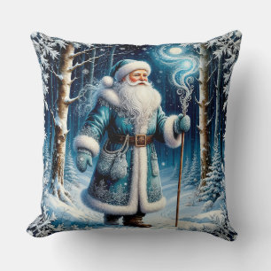 Santa Claus in a Magical Snowy Forest Throw Pillow