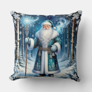 Santa Claus in a Magical Snowy Forest Throw Pillow