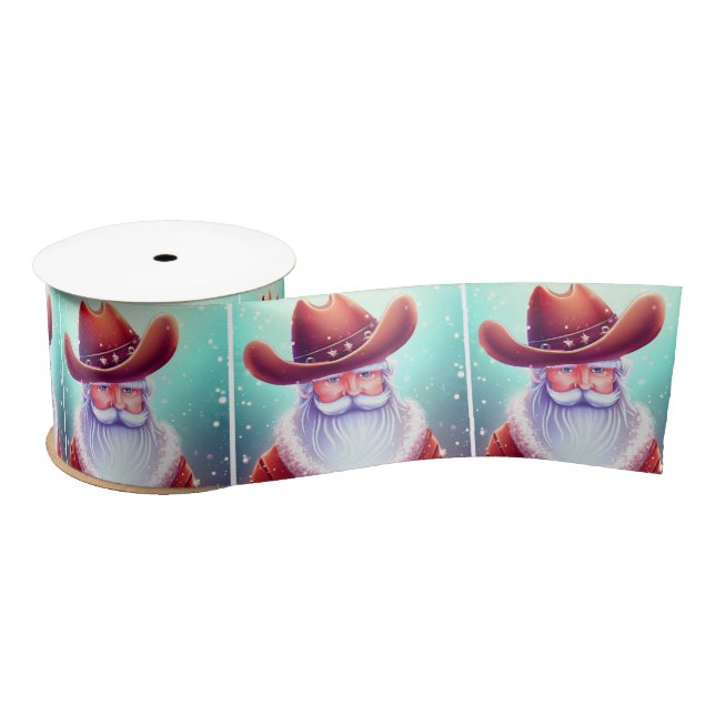 Santa Claus in a Western Hat Christmas Satin Ribbon (Spool)