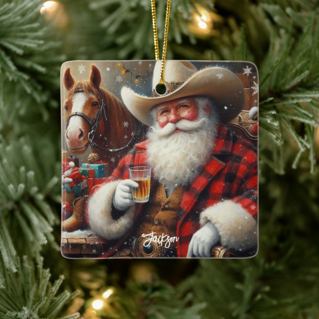  Santa Claus in Cowboy Hat Christmas Ceramic Ornament (Tree)