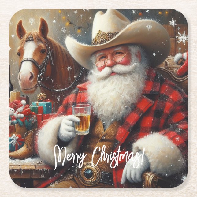 Santa Claus in Cowboy Hat Christmas Square Paper Coaster (Front)