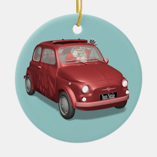 Santa Claus In Fiat 500 Ceramic Ornament (Front)