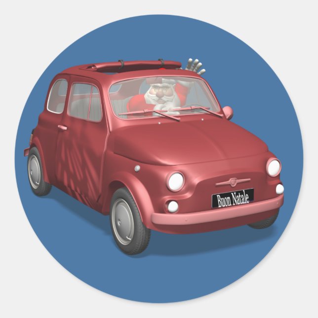 Santa Claus In Fiat 500 Classic Round Sticker (Front)