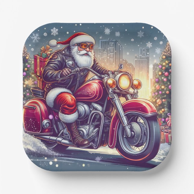 Santa Claus in motorcycle mode Paper Plate (Front)