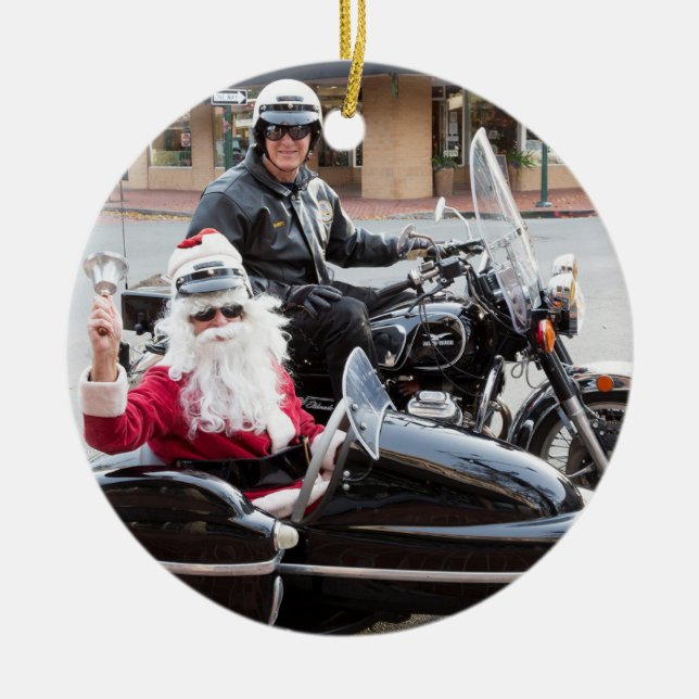 Santa Claus in motorcycle sidecar Ceramic Ornament (Front)