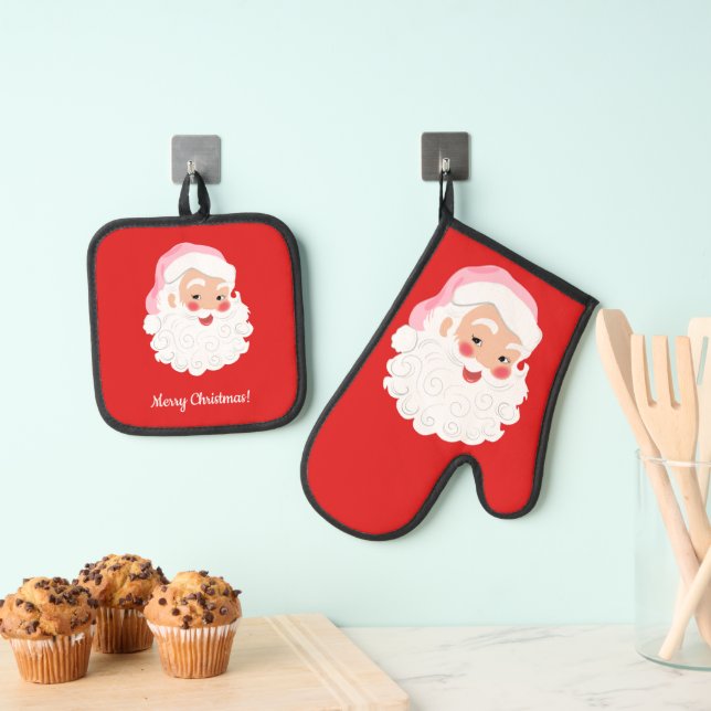Santa Claus in Pink Hat on Red Oven Mitt & Pot Holder Set (Insitu(Hanging))