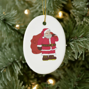 Santa Claus in red with gift bag and eyeglasses Ceramic Ornament