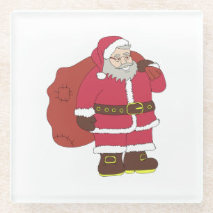 Santa Claus in red with gift bag and eyeglasses  Glass Coaster