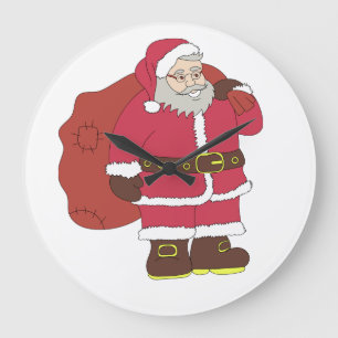Santa Claus in red with gift bag and eyeglasses Large Clock