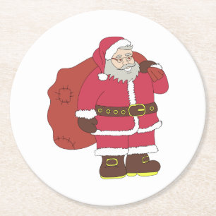 Santa Claus in red with gift bag and eyeglasses Round Paper Coaster