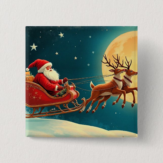 Santa Claus in Sleigh 2 Inch Square Button (Front)