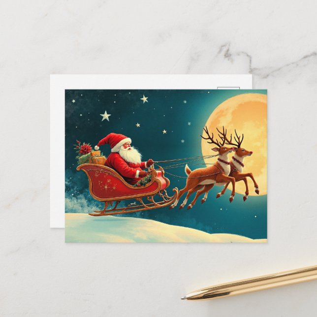 Santa Claus in Sleigh Holiday Postcard (Front/Back In Situ)