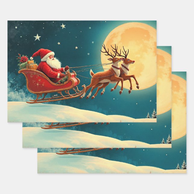 Santa Claus in Sleigh Wrapping Paper Sheet (Set)