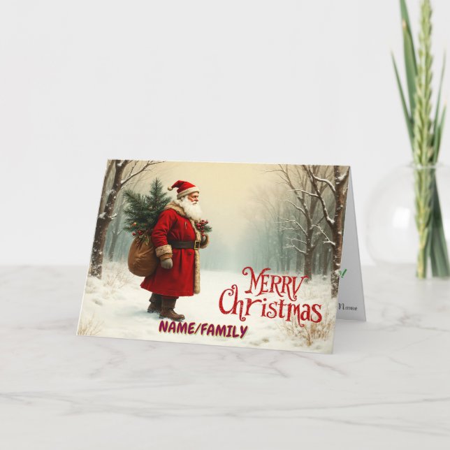 Santa Claus in Snowy Forest – Classic Christmas  Holiday Card (Front)