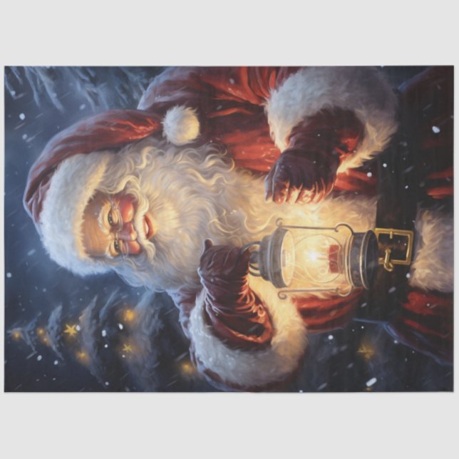 Santa Claus in snowy forest with glowing lantern Tissue Paper (Front)