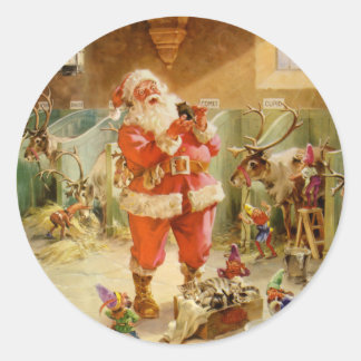 Santa Claus in the North Pole Reindeer Stables Classic Round Sticker