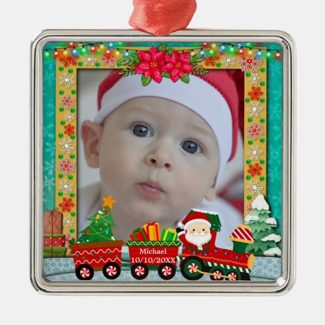 Santa Claus in Train and Christmas Cute Photo Metal Ornament (Front)