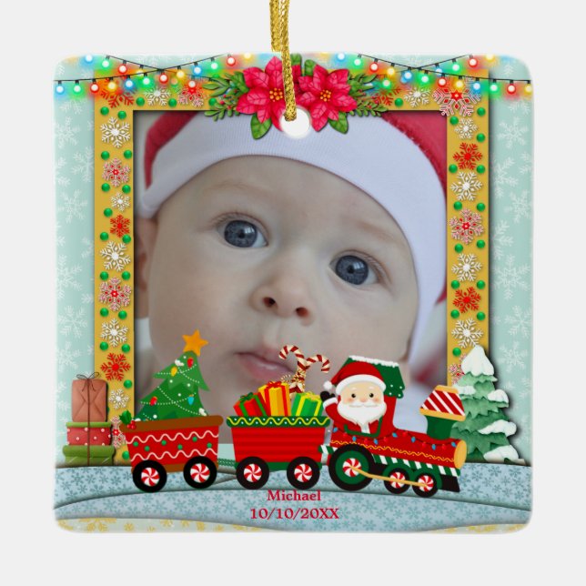Santa Claus in Train with Gifts and Christmas Tree Ceramic Ornament (Front)
