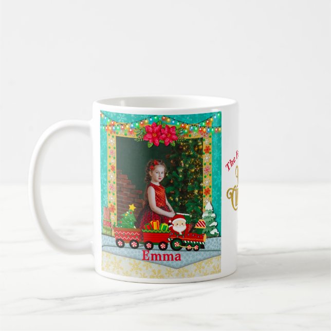 Santa Claus in Train with Gifts and Christmas Tree Coffee Mug (Left)