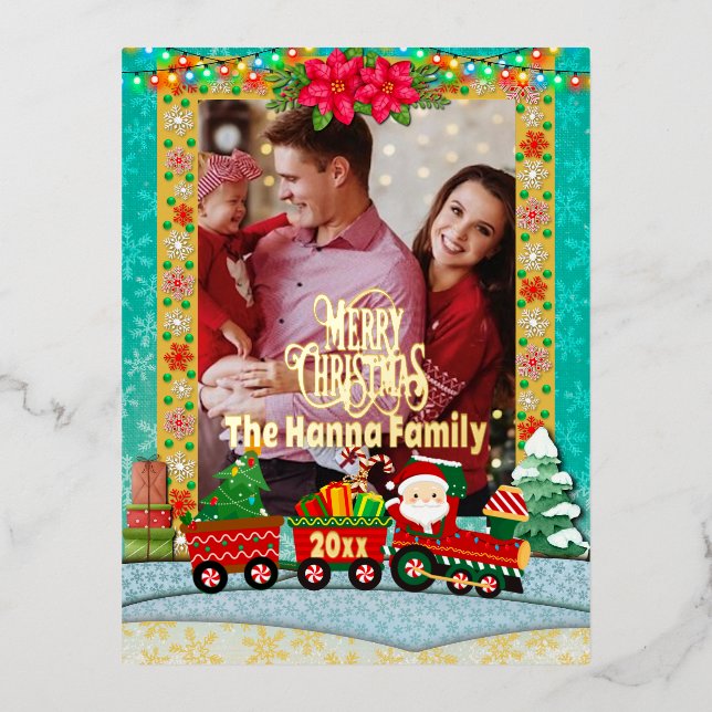 Santa Claus in Train with Gifts and Christmas Tree Foil Holiday Postcard (Front)