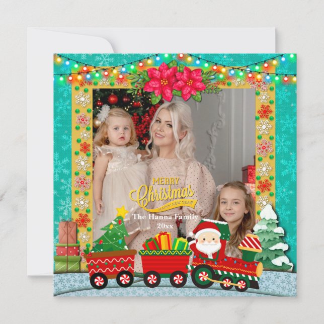 Santa Claus in Train with Gifts and Christmas Tree Holiday Card (Front)