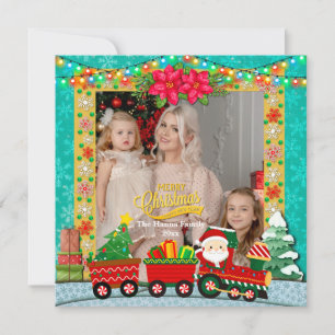 Santa Claus in Train with Gifts and Christmas Tree Holiday Card