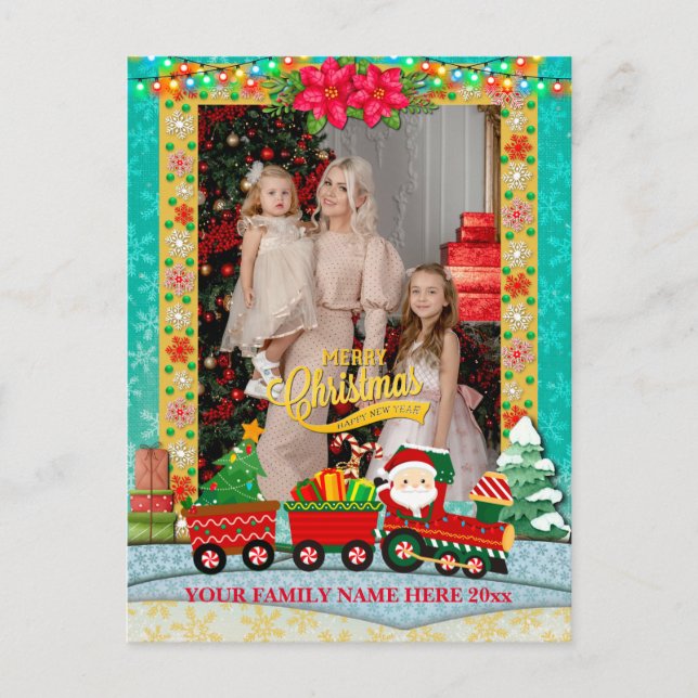 Santa Claus in Train with Gifts and Christmas Tree Holiday Postcard (Front)