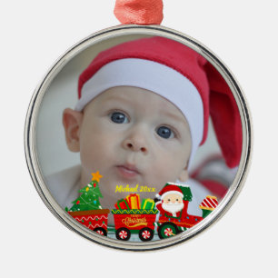 Santa Claus in Train with Gifts and Christmas Tree Metal Ornament