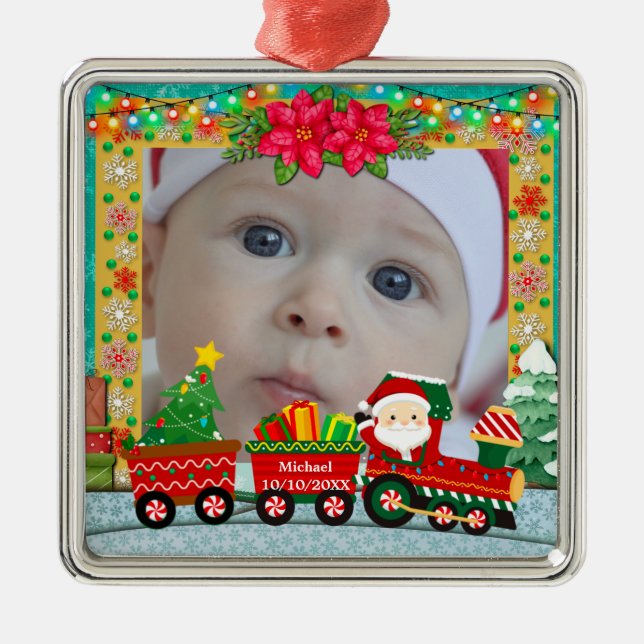 Santa Claus in Train with Gifts and Christmas Tree Metal Ornament (Front)