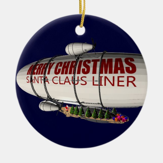 Santa Claus In Zeppelin Ceramic Ornament (Front)