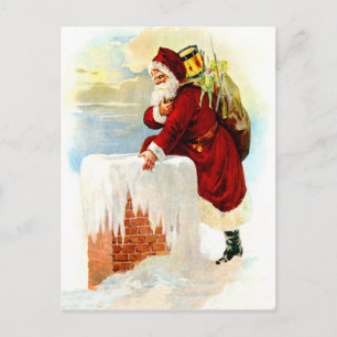Santa Claus is coming through chimney with toys Postcard