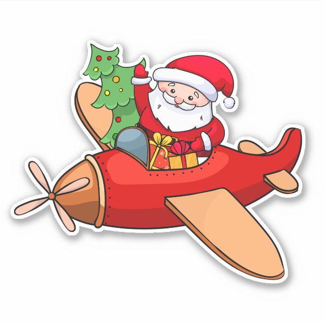Santa Claus is flying in a red airplane with gifts (Front)