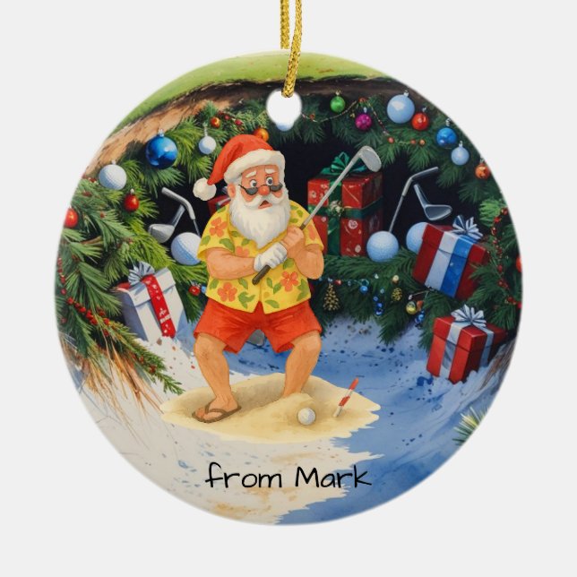 Santa Claus is golfing on golf course at Baunker Ceramic Ornament (Front)