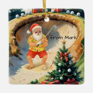 Santa Claus is golfing on golf course at Baunker Ceramic Ornament