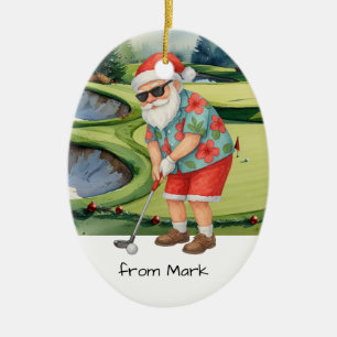 Santa Claus is golfing on golf course background Ceramic Ornament