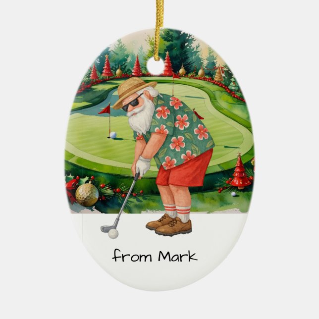 Santa Claus is golfing on golf course background Ceramic Ornament (Front)