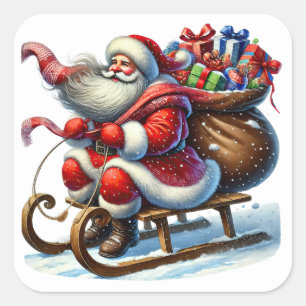 Santa Claus Joyfully Rides a Sleigh With Gifts Square Sticker
