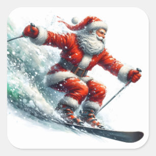 Santa Claus Joyfully Skiing Down Snowy Slopes Square Sticker