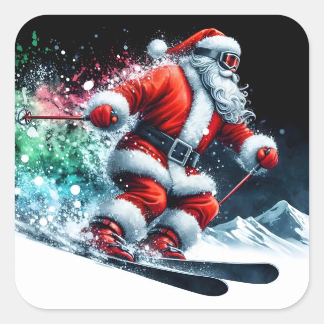 Santa Claus Joyfully Skiing on Snowy Mountains Square Sticker (Front)