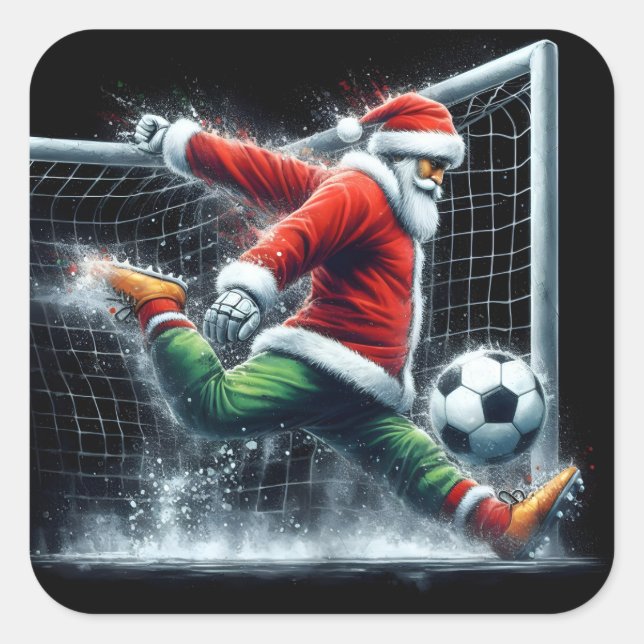Santa Claus Kicks a Soccer Ball in Winter Fun Square Sticker (Front)