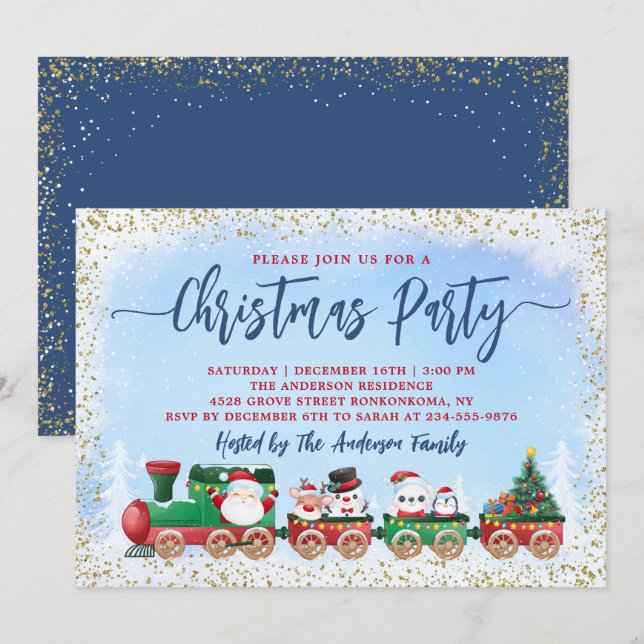 Santa Claus Kids Christmas Train Holiday Party Invitation (Front/Back)