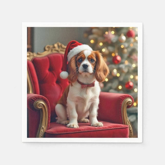 Santa Claus King Charles Spaniel On a Red Chair Napkin (Front)