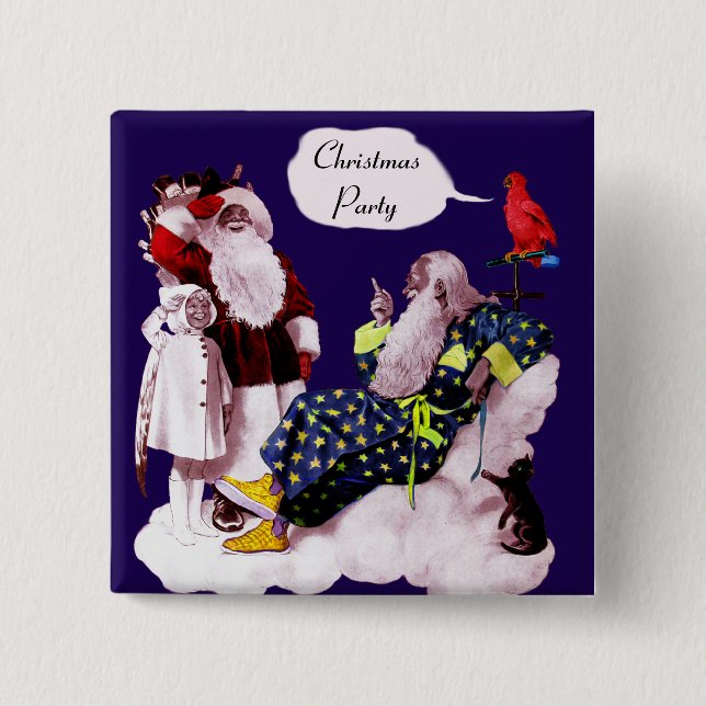 SANTA CLAUS ,LITTLE ANGEL & MERLIN Christmas Party 2 Inch Square Button (Front)