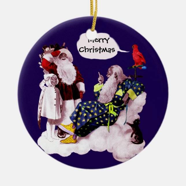 SANTA CLAUS, LITTLE ANGEL & MERLIN Christmas Party Ceramic Ornament (Front)