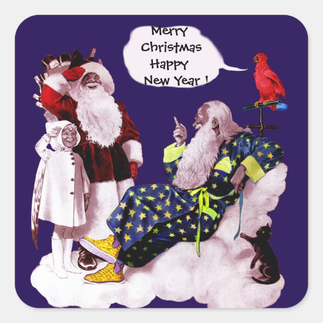SANTA CLAUS,LITTLE ANGEL& MERLIN Christmas Party Square Sticker (Front)